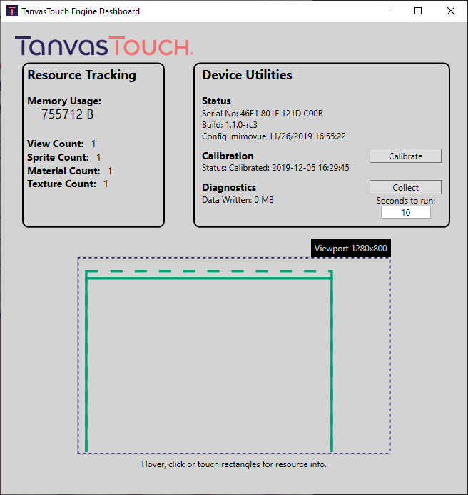 The Hello Tanvas example application represented in the TanvasTouch Engine Dashboard