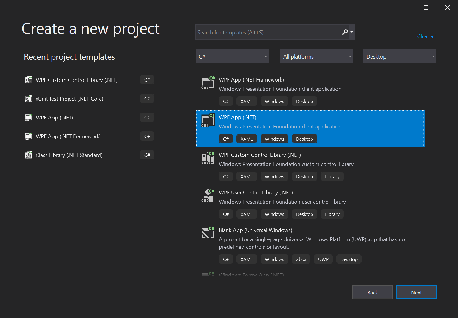 Visual Studio's "Create a new project" dialog with the "WPF App (.NET)" template selected