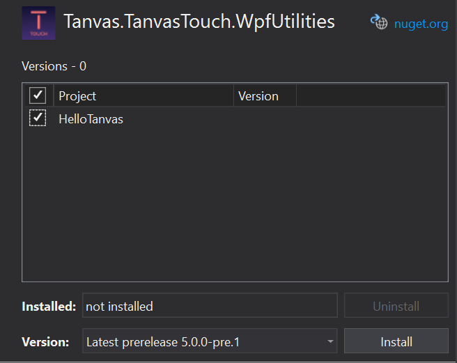 The NuGet installation pane with the HelloTanvas project checked