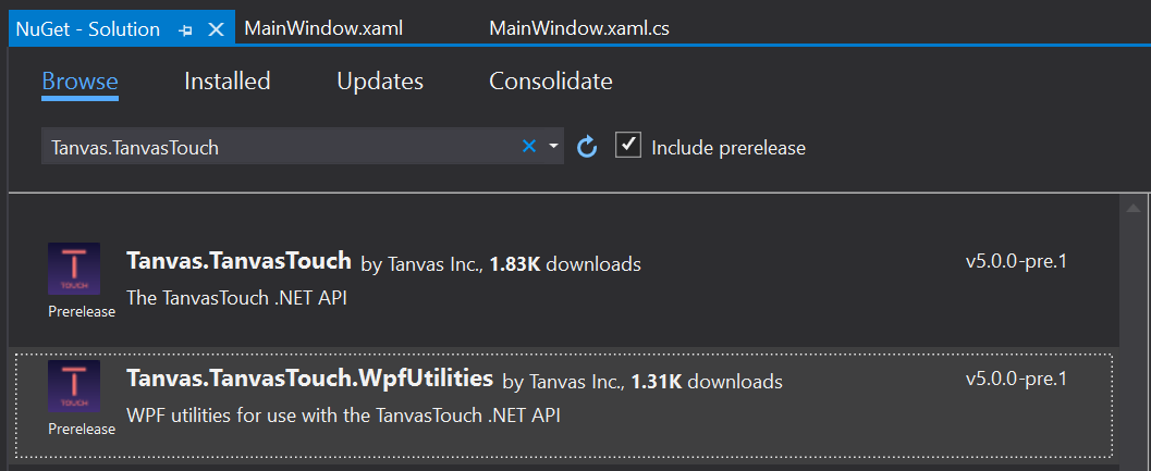 TanvasTouch API packages in the NuGet Package Manager's search results