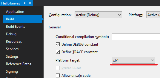 The "Build" page of the project properties page, with the x64 platform target option underlined