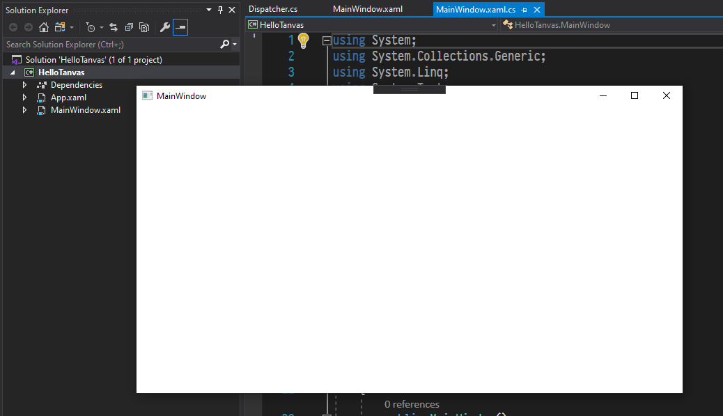 The first run of the HelloTanvas application, showing a blank window